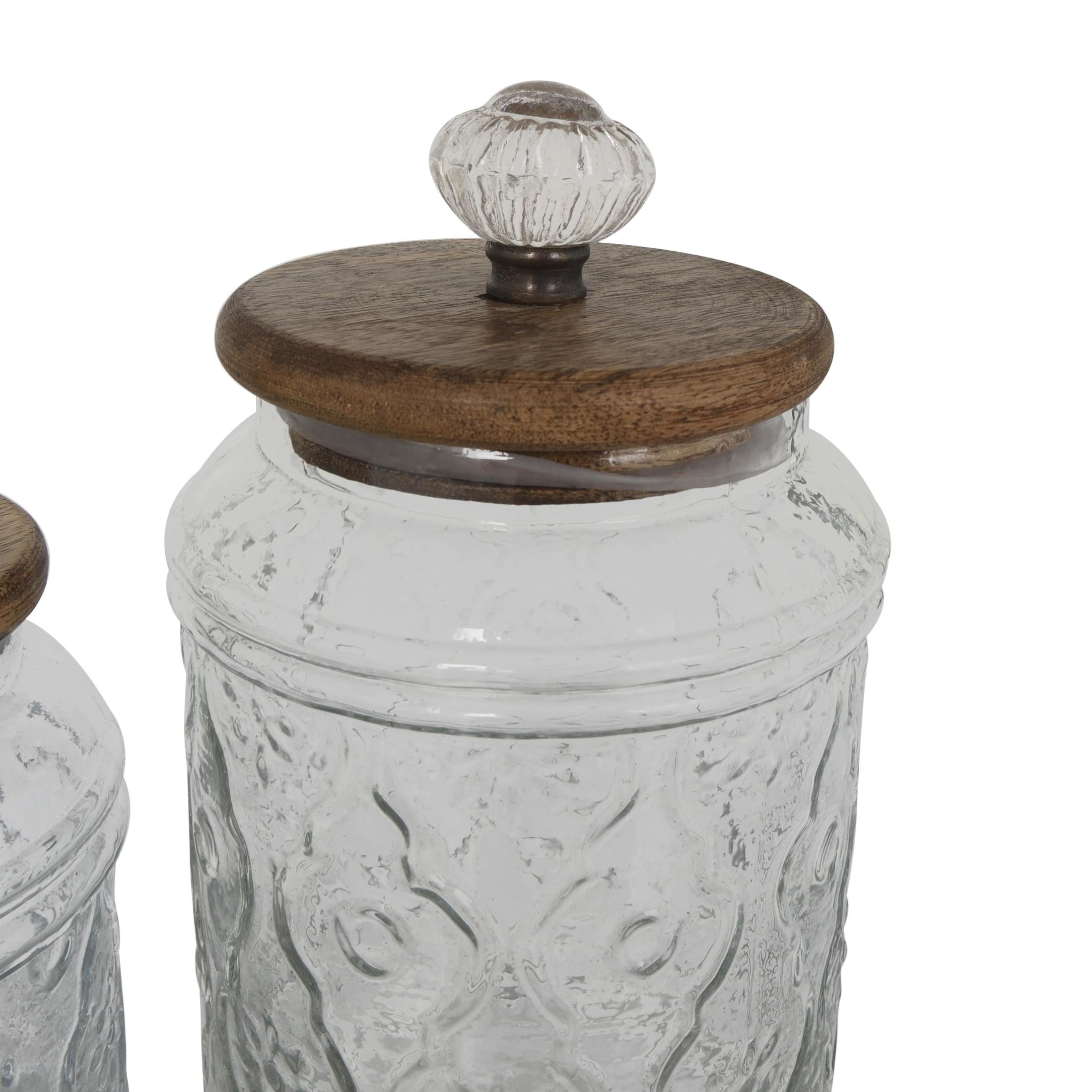 DecMode 9", 8"H Clear Glass Floral Decorative Jars with Brown Wooden Lids and Antique Style Knobs, 2-Pieces