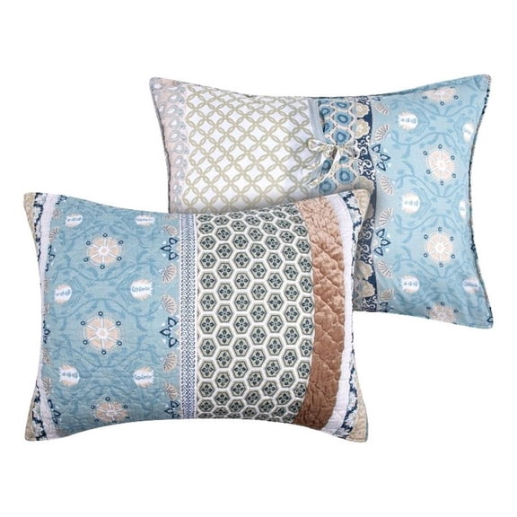 Benjara Ello 26" Quilted Standard Pillow Sham- Bohemian Print Blue and White