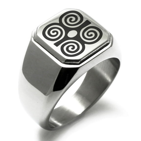 Tioneer Stainless Steel Aztec Strength Rune Engraved Square Flat Top Biker Style Polished Signet Ring