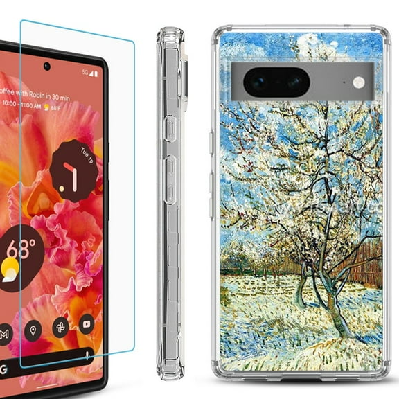 OneToughShield ® for Google Pixel 7a Shockproof Bumper Phone Case, with Tempered Glass Screen Protector - Peach Tree Blossom