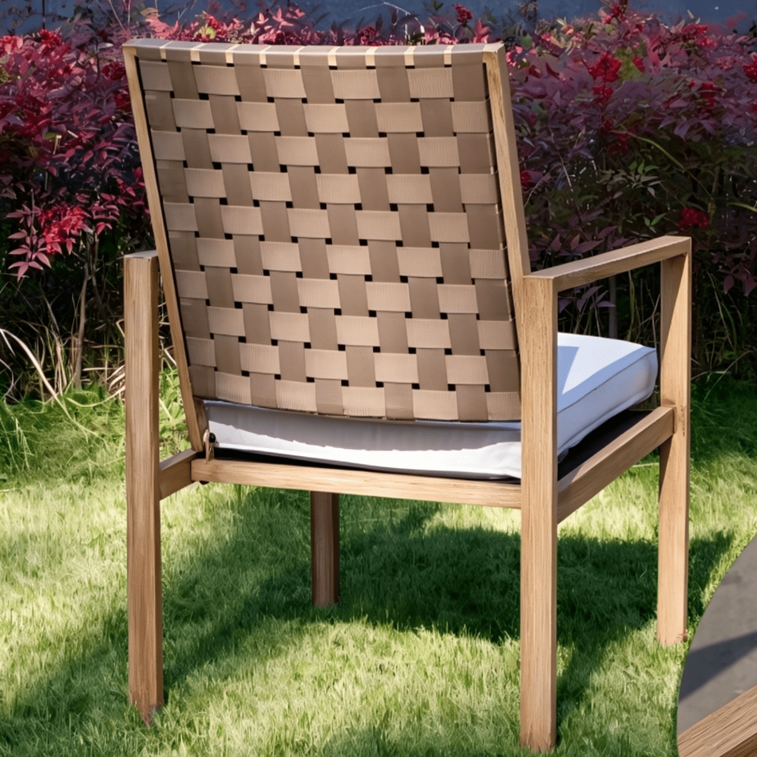 MOONMISS 2 Pack Patio Dining Chairs, Wood Grain Iron Frame Outdoor Chairs with Handmade Drawstring Design, Waterproof Removable Cushion, Ideal for Patio, Deck, Garden & Yard