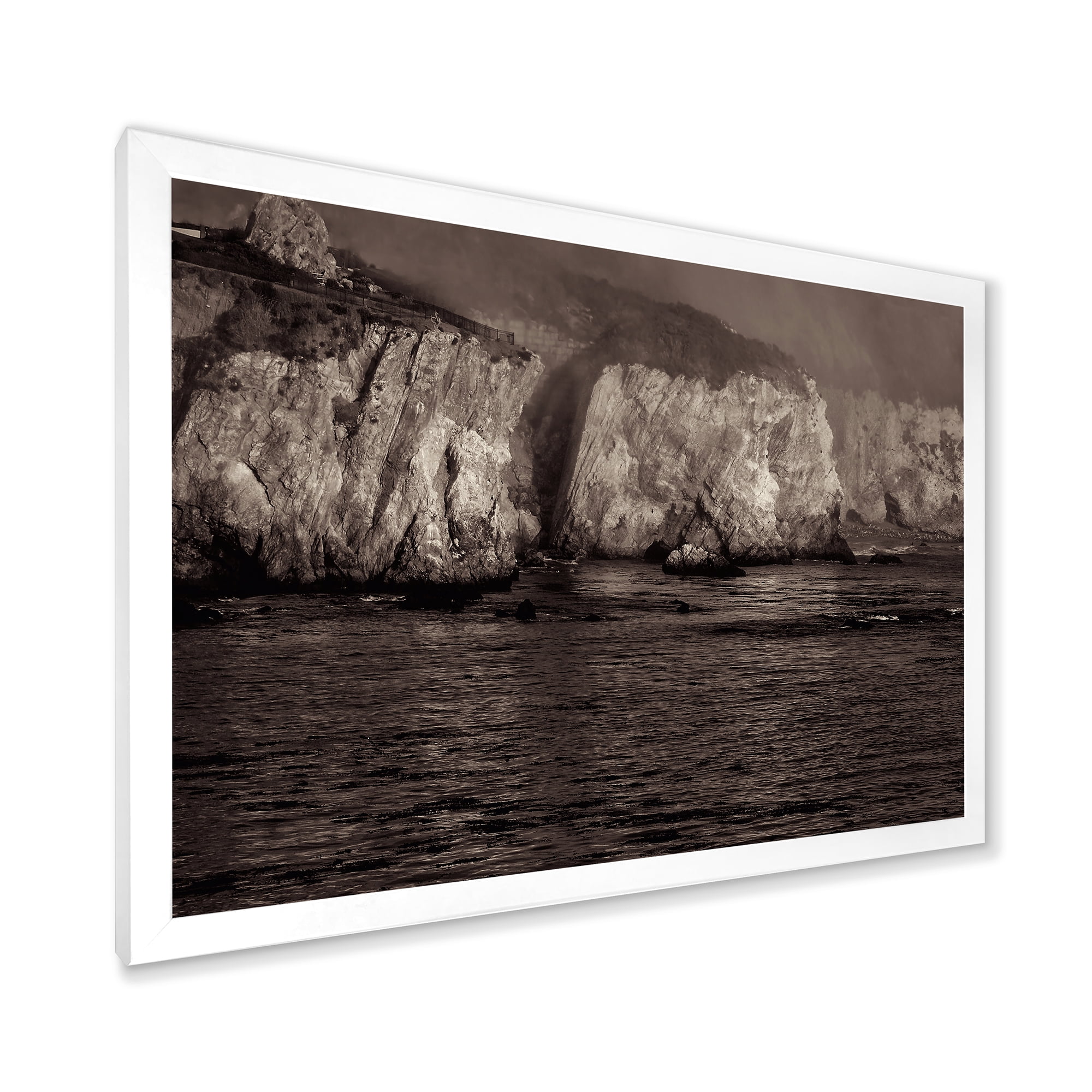 Designart 'Gold Cliffs Over Sea In The Fog' Modern Framed Art Print
