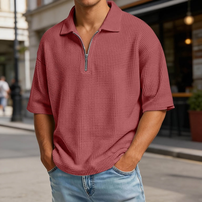 XIAONU Men's Solid Waffle Polo Shirt Half Zip Short Sleeve