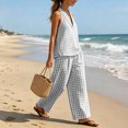 thumbnail image 7 of Gifts Dianli Two Piece Sets for Women Linen Two Piece Outfit Plaid Pattern V Neck Top and Wide Leg Pants Matching Linen Sets for Women Summer Vacation Travel and Casual Daily Wear Gray S, 7 of 7