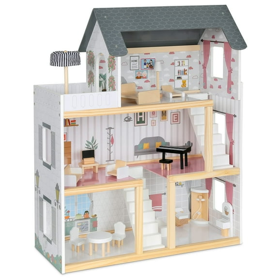 Lil Jumbl 3-Floor Wooden Brown Dollhouse with 17-Piece Accessories