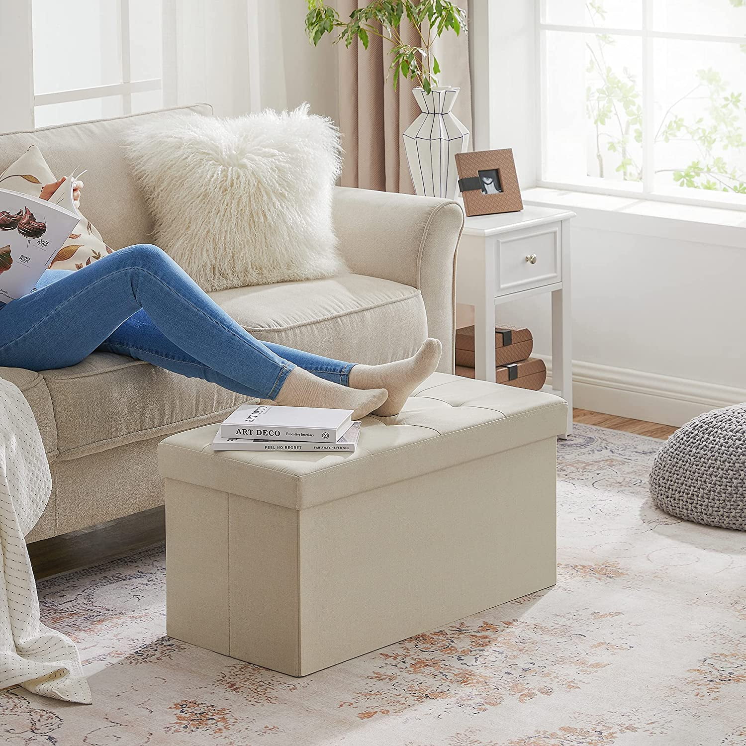 SONGMICS 30" Storage Ottoman Bench Ottoman with Storage Footstool Hold up to 660 lb for Bedroom Living Room Beige