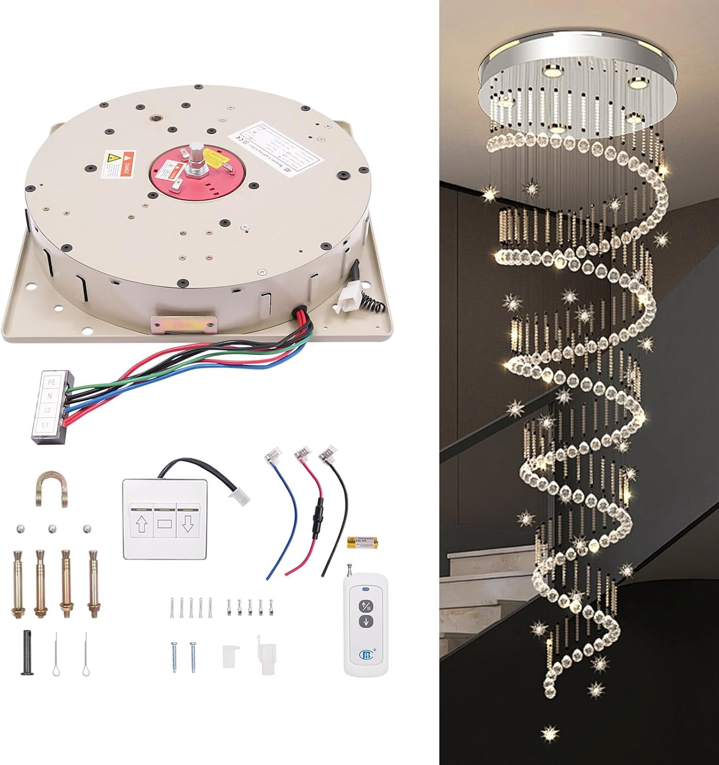 Electric Chandelier Hoist, 2 in 1 Chandelier Hoist Lifter System w/Remote Control+Wall Switch, 110LBS Villas Pendant Lamps Lifter 4.27ft/min Lifting Speed for Lamp Cleaning Maintenance