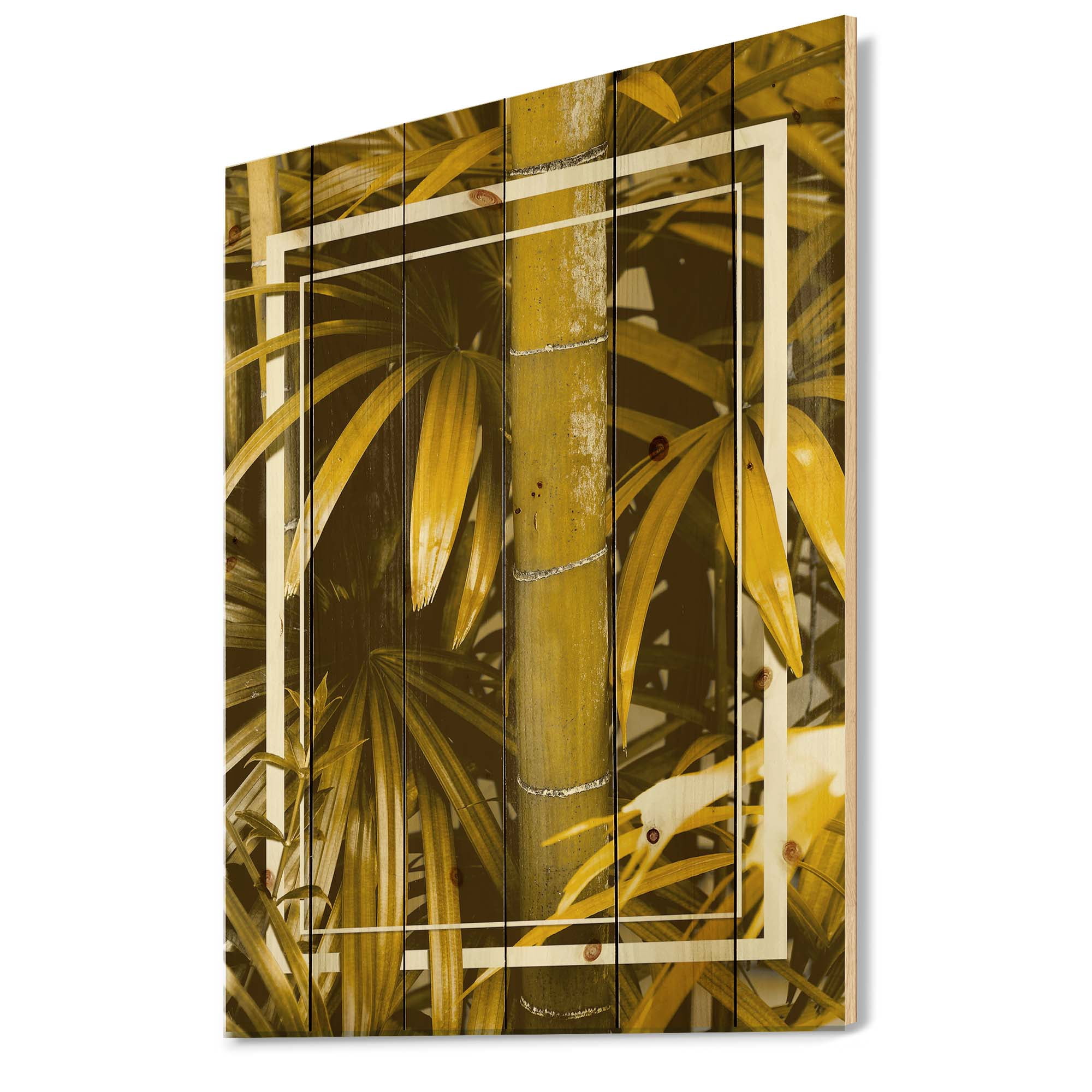 Designart 'Tropical Leaves and Yellow Bamboo' Tropical Print on Natural Pine Wood