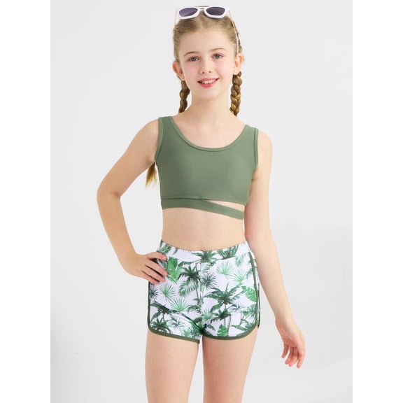 Girls Swimsuit Bikini Set 3 Piece Tropical Print Bathing Suit with Shorts Teen Girl's Swimwear for 7-16 Years