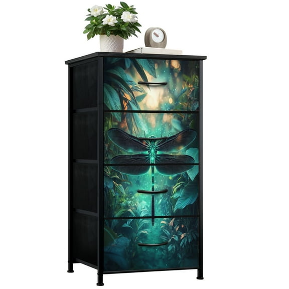 Dresser for Bedroom with 4 Storage Drawers Bioluminescent Dragonfly Amid Luminescent Plants Dreamy Fantasy Dressers Chest of Drawers Steel Framed Fabric Closet Organizers for Entryway Home Decor