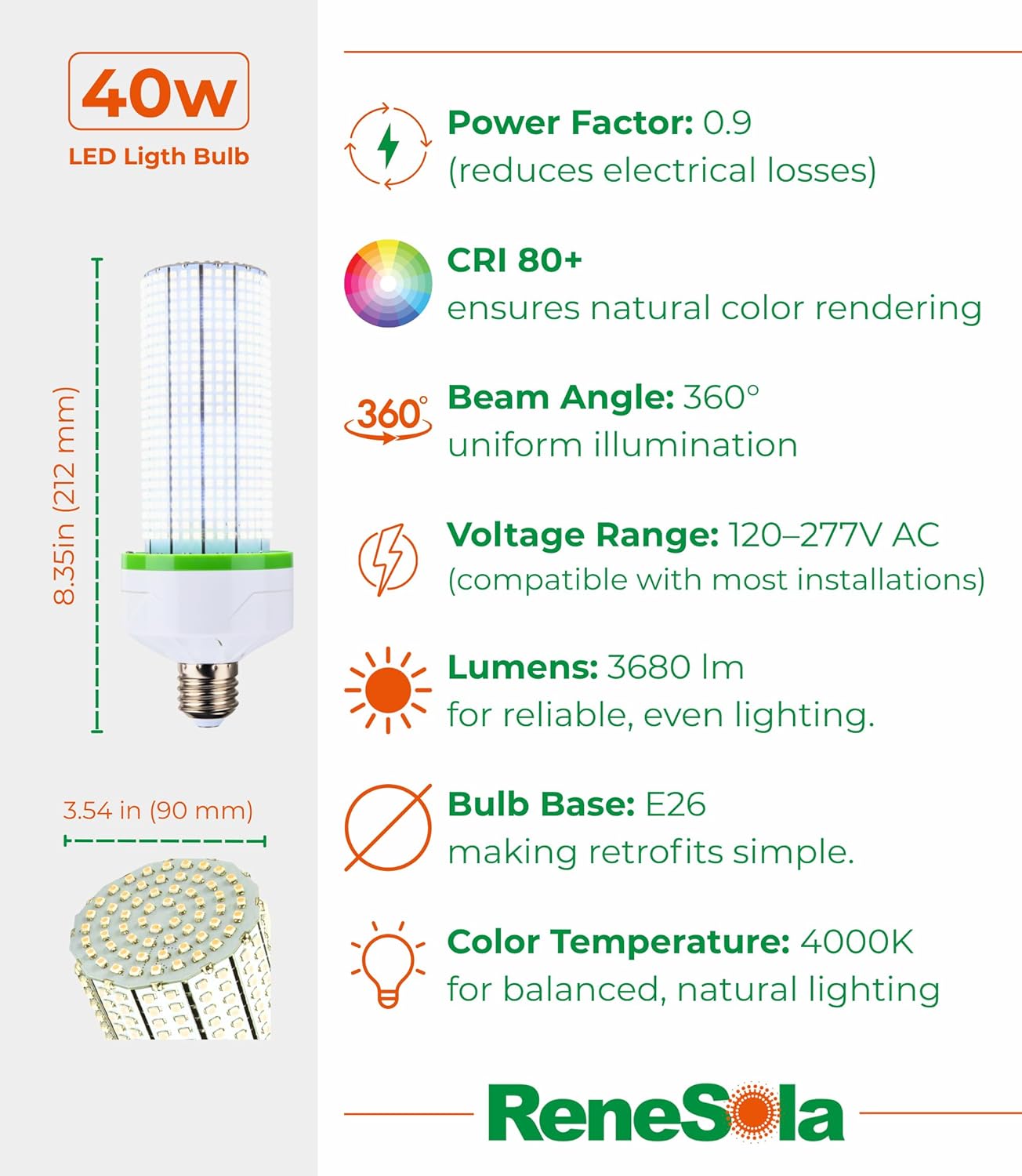 LED Corn Light E26 Mogul Base 60W 6000K 120-277V 360 Beam Angle Outdoor Retrofit Bulb Replaces HID Metal Halide Lamp for Street Parking Lot and Post Top Lighting