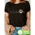 thumbnail image 1 of Women's Dog Paw & Heartbeat Print T-Shirt - 100% Lightweight 180gsm Casual Short Sleeve Crew Neck Top, Black with Colorful Design for Spring & Summer, Summer Tshirt | Animal Lover Apparel | Fabric, 1 of 6