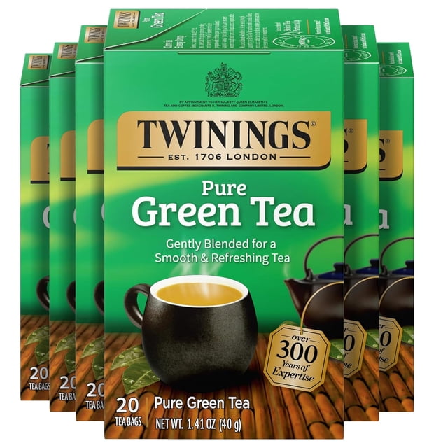 Te verde puro Twinings en bolsitas individuales, 20 unidades (paquete de 6), sabor suave, aroma tentador, con cafeina, para disfrutar caliente o frio, 120 bolsitas