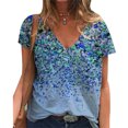 thumbnail image 1 of Camisa floral de manga corta para mujer Camiseta floral suelta con cuello en V suave de moda informal para verano Azul M, 1 of 5