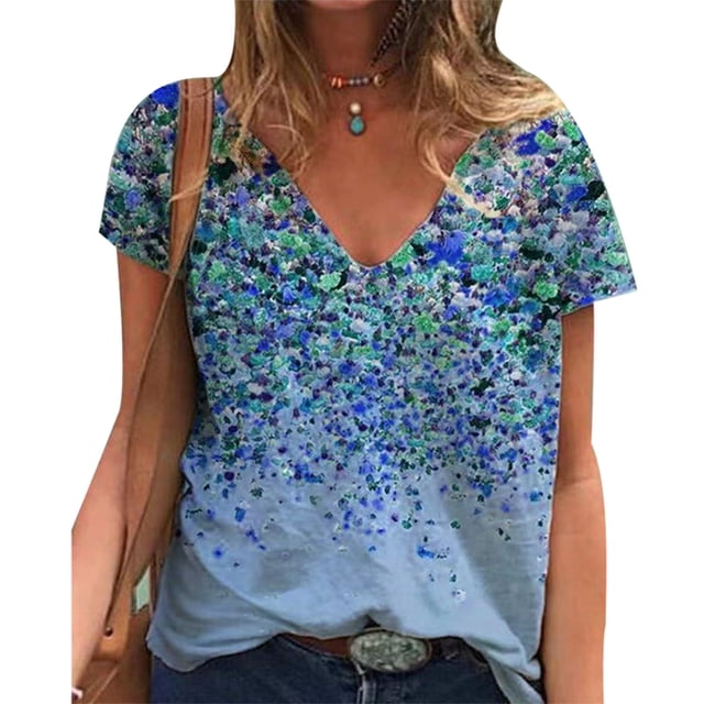 Camisa floral de manga corta para mujer Camiseta floral suelta con cuello en V suave de moda informal para verano Azul M