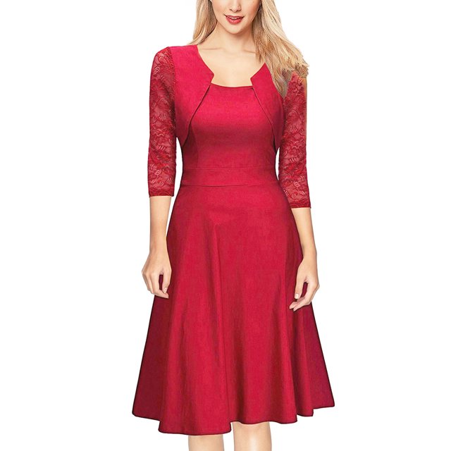 Robes pour Femmes 2024 Été Surdimensionnée Tempérament Manches Trois Quarts Faux Deux Pièces Encolure Patchwork Grande Jupe Robe en Dentelle Rabais de 50 % Liquidation!