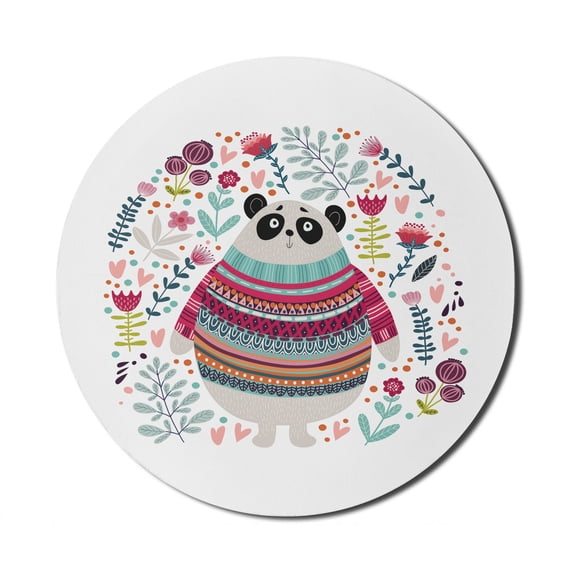 Folk Mouse Pad for Computers, Cartoon of Funny Bear Animal Surrounded with Garden Art Floral Branches Herbs, Round Non-Slip Thick Rubber Modern Gaming Mousepad, 8" Round, Multicolor, by Ambesonne