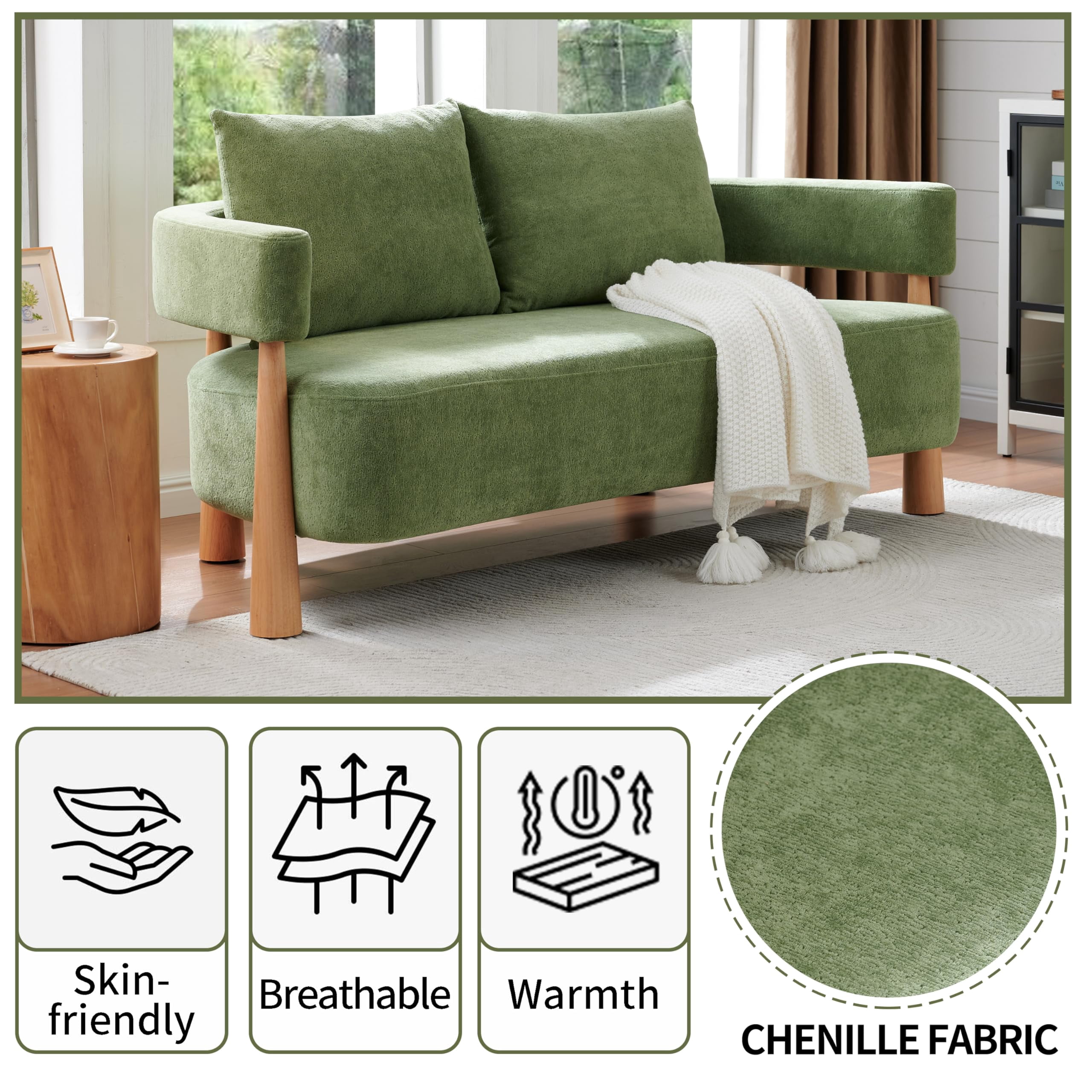 Loveseat Sofa with High-Resilience Cushions, Ergonomic Design with Arched Arms, Sturdy Hardwood Legs, Soft Velvet Upholstery, Includes Floor Protection Pads, Easy Assembly, Green