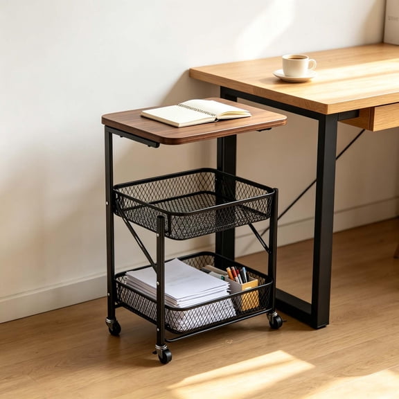 Zehiseta 3Tier FoldFlat Utility Rolling Cart, NoAssembly Storage Organizer Trolley With Wood Top & Mesh Shelves For Household