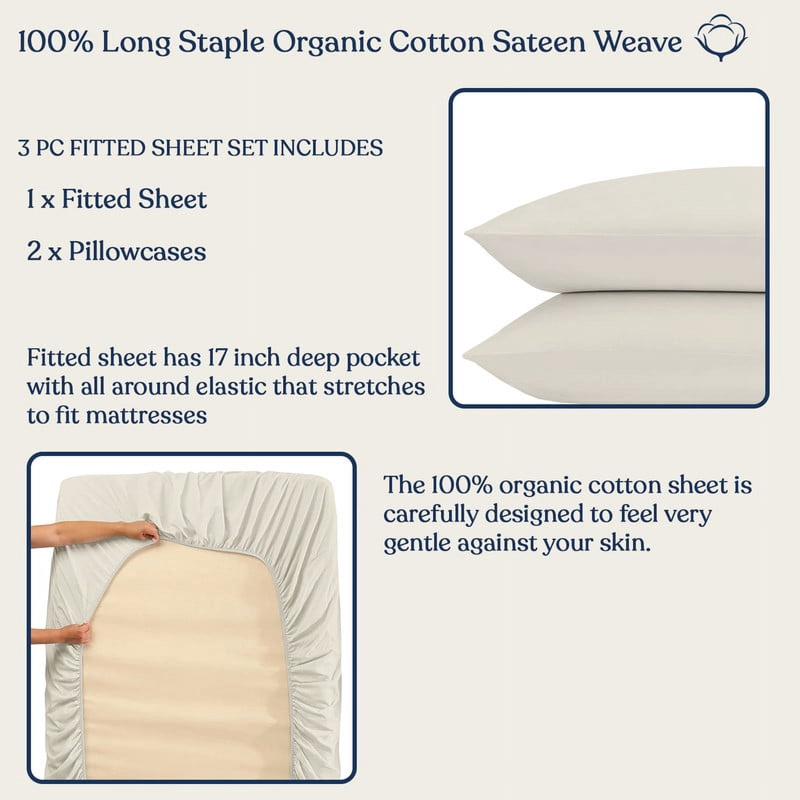Delara Twin 2-Piece GOTS Organic Cotton Fitted Sheet Set, 400TC Long-Staple, Moisture-Wicking, Smooth & Breathable, Deep Pocket, Ivory