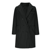 YUTK Women's New Fashionable Solid Color Lapel Double Buckle With Pockets Woolen Coat Jacket Black L