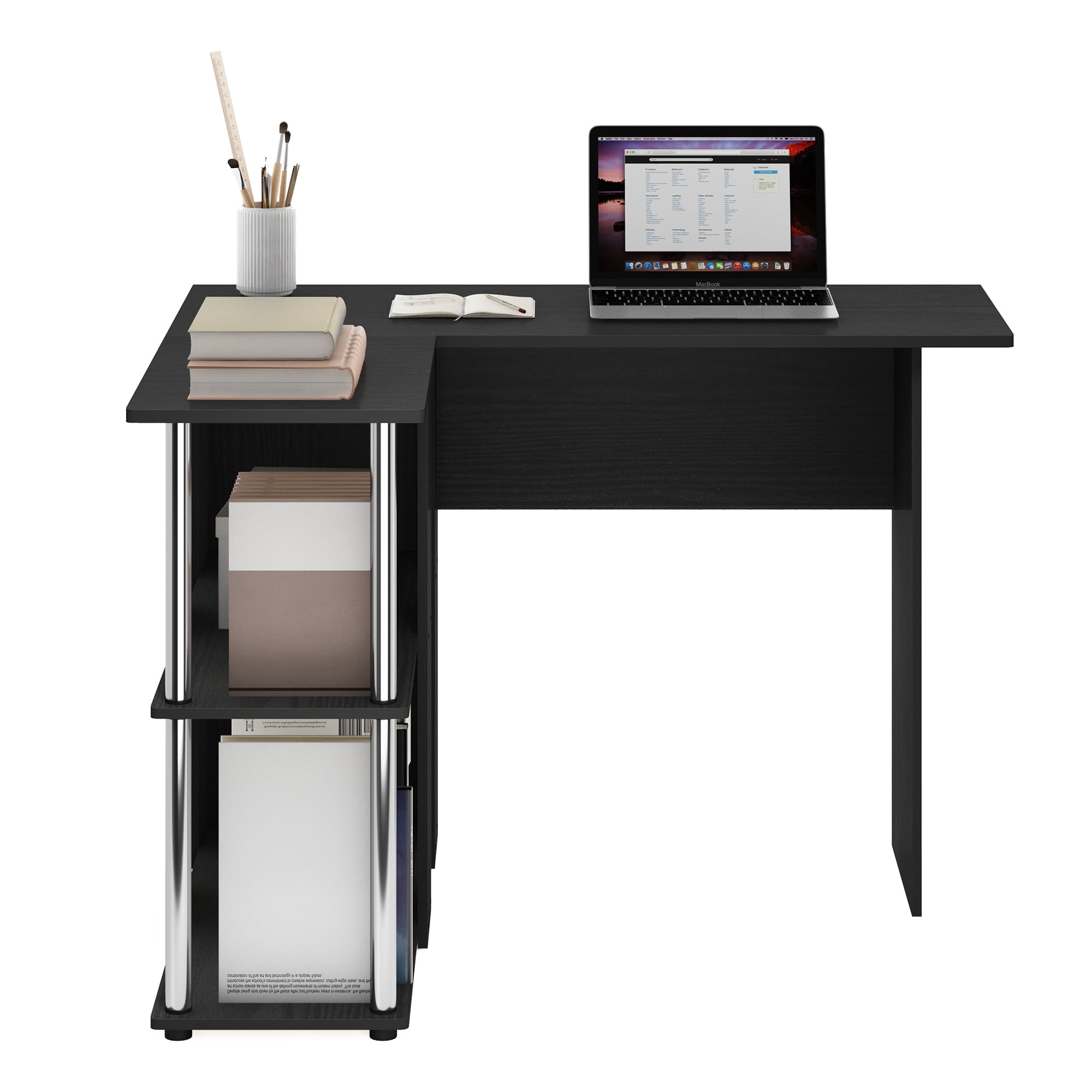 Furinno Abbott L-Shape Desk with Bookshelf Americano Stainless Steel Tubes