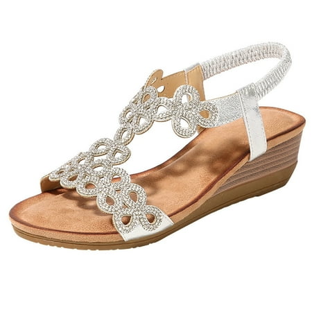 CHOII 50% Clearance Women Fashion Flat Large Size Casual Sandals Beach Shoes Women Sandals Rhinestone Platform Thong Sandals Ankle Strap Sandals Comfort Sandals Silver/9
