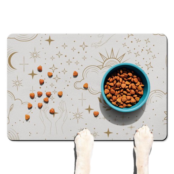 Golden Sun and Moon Dog Feeding Mat - Vintage Celestial Pet Food Mat with Absorbent Core, Non-Slip Rubber Base for Tile and Wood Floors, Large Size Spill Protector