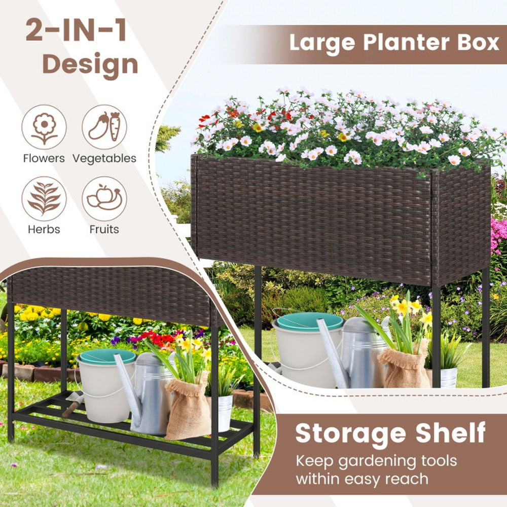 Spaco Wicker Raised Garden Bed with Storage Shelf and Removable Liner for Flowers, Elevated Planter Box for Backyard, Outdoor Garden