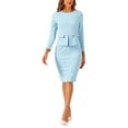 thumbnail image 2 of Vestido de trabajo midi ajustado de peplum para mujer Inspire Chic, cuello redondo, de manga larga, cintura alta, color azul cielo, talla S, 2 of 5