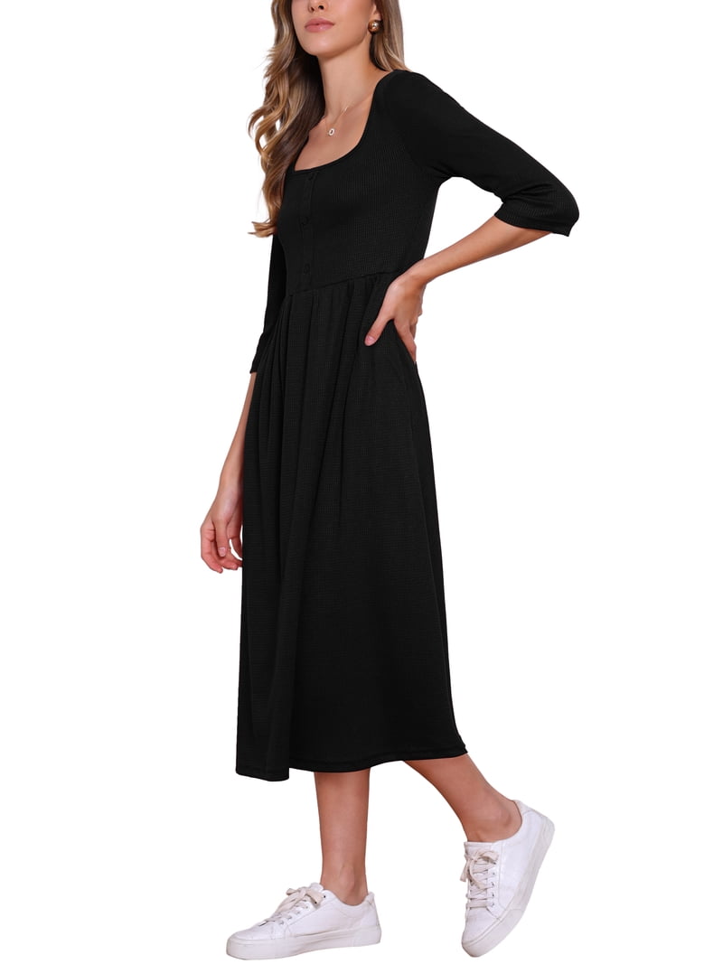 black knit dress 3 4 sleeve Inspire Chic Waffle for Women 3/4 Sleeves Square Neck Midi Dress M Black, Women's, Size: Medium CURVY