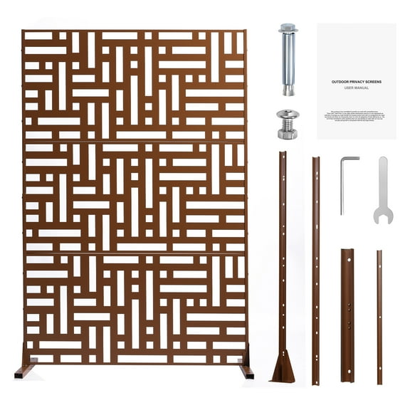 KFFKFF Metal Privacy Screen, 36" W x 72" H, Freestanding Outdoor Divider with Stand, 3-Panel Decorative Steel Privacy Fence for Balcony, Patio, Indoor, or Garden Use, Brown