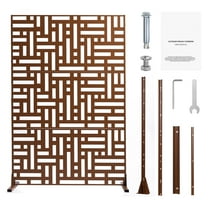 KFFKFF Metal Privacy Screen, 36" W x 72" H, Freestanding Outdoor Divider with Stand, 3-Panel Decorative Steel Privacy Fence for Balcony, Patio, Indoor, or Garden Use, Brown
