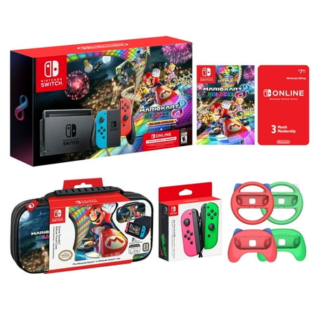 Nintendo Switch Mario Kart 8 Neon Deluxe Racing Bundle: Red Blue Joy Con Console, Mario Kart 8 Deluxe, Online Membership, Mario Kart 8 Travel Case, Pink/Green JoyCons, 4 Pieces Mytrix Wheels & Grips