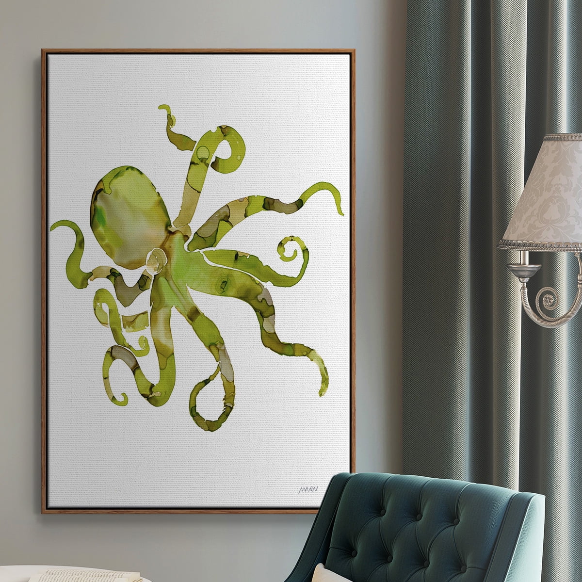 Octopus Framed Premium Gallery Wrapped Canvas - Ready to Hang - 27 x 41 - Walnut Floating Frame