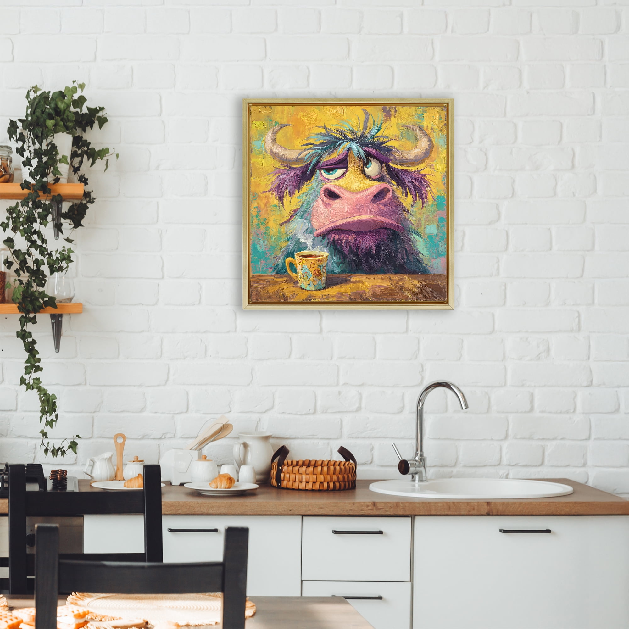Stupell Industries Grumpy Cow & Mug Gold Framed Floater Canvas Wall Art, design by The Wands Want