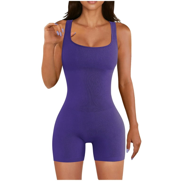 QUYUON Women Yoga Rompers Workout Ribbed Knit Square Neck Sleeveless Tank  Tops Jumpsuits Shorts Exercise One-Piece Jumpsuits Sport Romper Short Yoga  Jumpsuit Catsuit Playsuit, Style 105 Purple L 