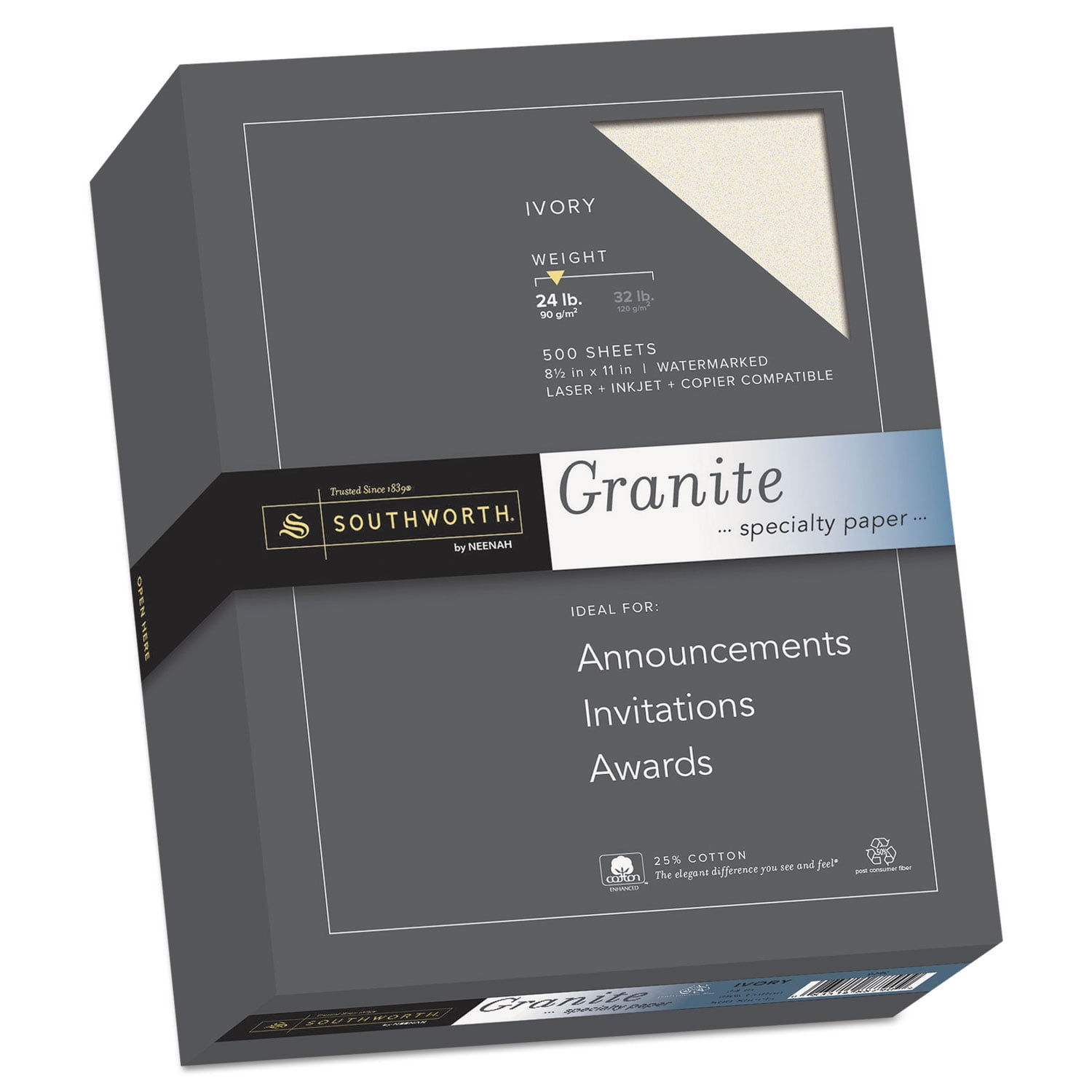 Southworth Granite Specialty Paper, Ivory, 24 lbs., 8-1/2' x 11', Cotton, 500 Per Box