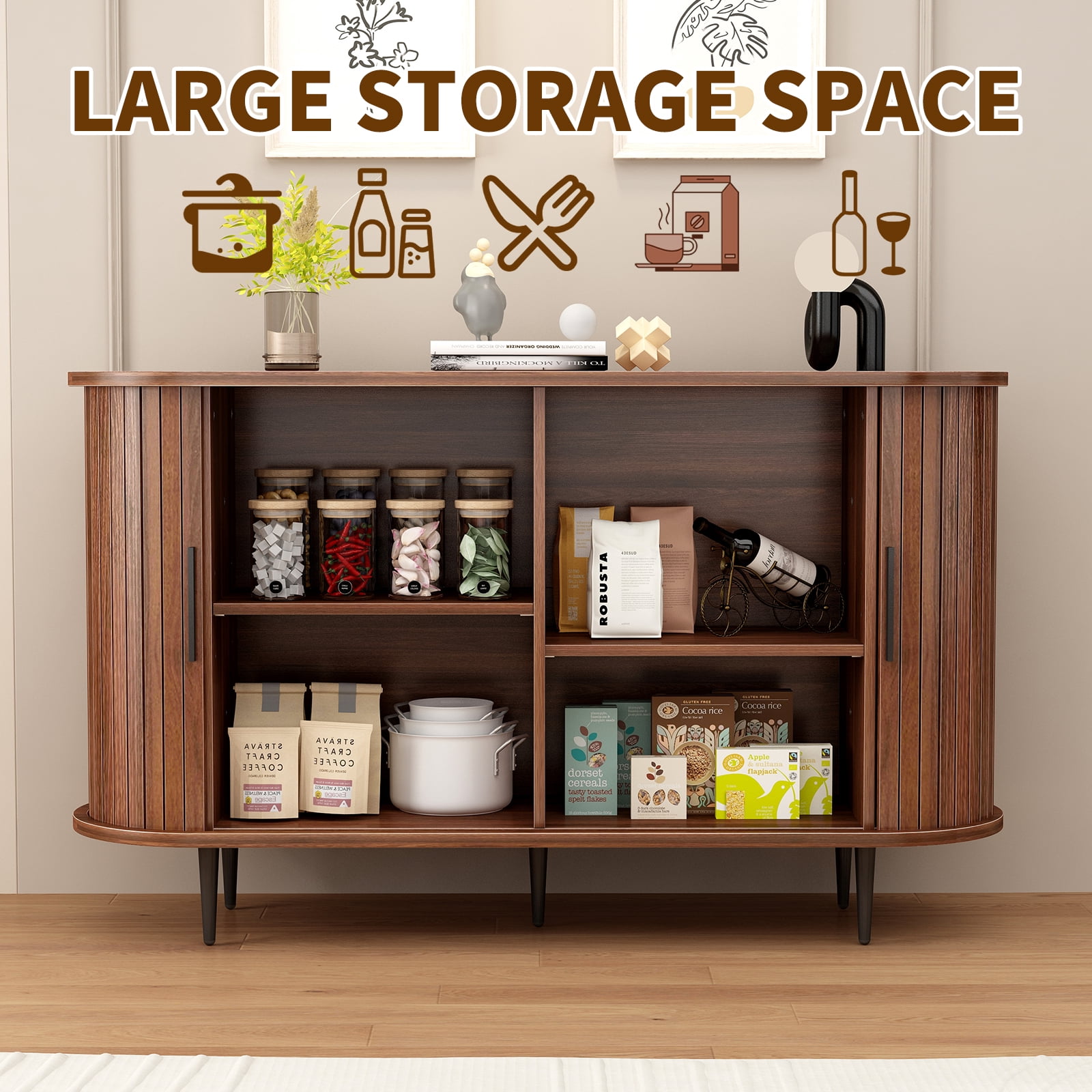 47"W x 29"H Buffet Sideboard Cabinet with Storage, Fluted Storage Accent Cabinet with Curvy Edge, Sliding Door, Credenza, Console Table for Living, Dining Room, Kitchen, Hallway