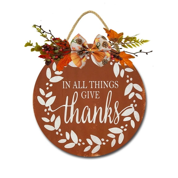 In All Things Give Thanks Sign for Front Door Hanging Seasons Sign Outdoor Rustic Round Wood Wreaths Wall Decor Farmhouse Porch Wreaths Decorations Housewarming Gift