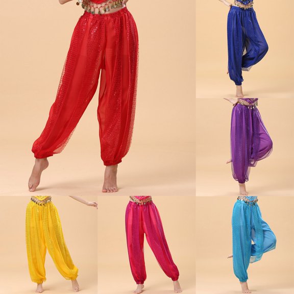KDFJPTH Women's Sequin Mesh Harem Pants Elastic Waist Red Sheer Casual Dance Trousers Blue L=XL