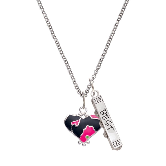 Delight Jewelry Silvertone Hot Pink Large Cheetah Print Heart Silvertone Best Friends Forever Bar Charm Necklace, 23"