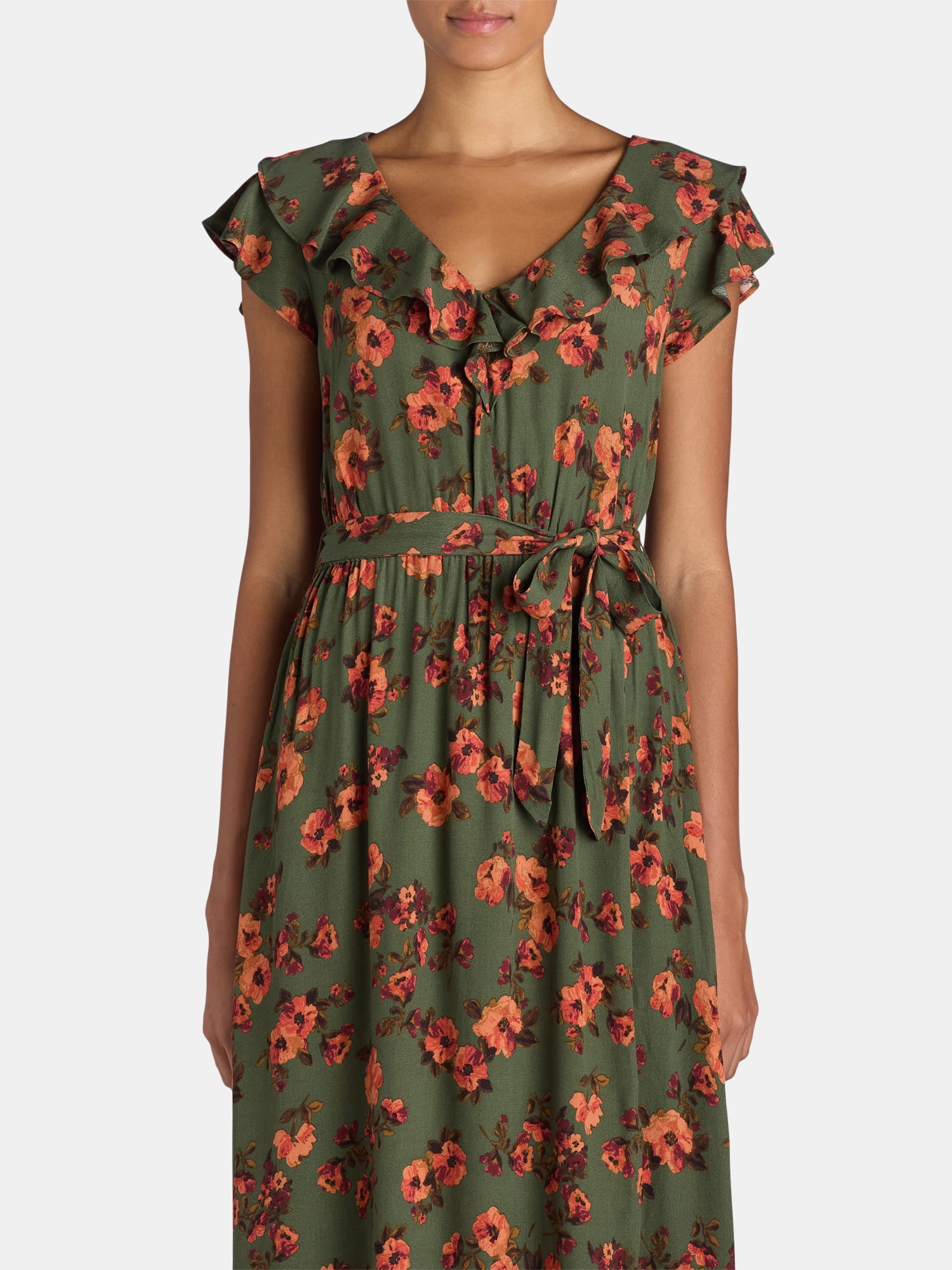Time and Tru Women's and Women's Plus Ruffle Neck Midi Dress, Sizes XS-4X