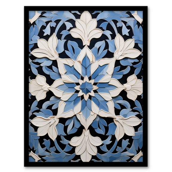 Blue Arabesque Flower Design Ornate Symmetrical Floral Pattern Art Print Framed Poster Wall Decor 12x16 inch
