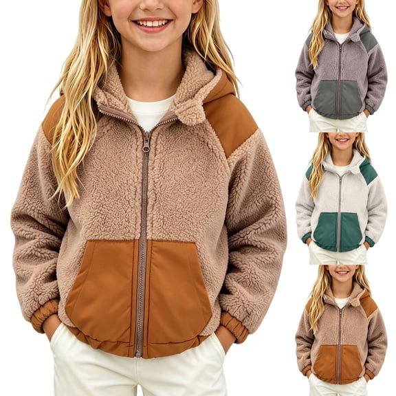 Bixock Toddler Girls Fleece Jackets Girls Winter Coats Kids Fleece Coat Outerwear Color Long Sleeve Hooded Zip Front Thermal Fall Winter Jacket for Kids 1-10Years