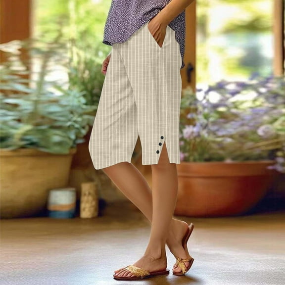 Endives Women's Short Fashion Casual Buttons Cotton Linen Loose Shorts Striped Cotton Linen Pants With Pockets