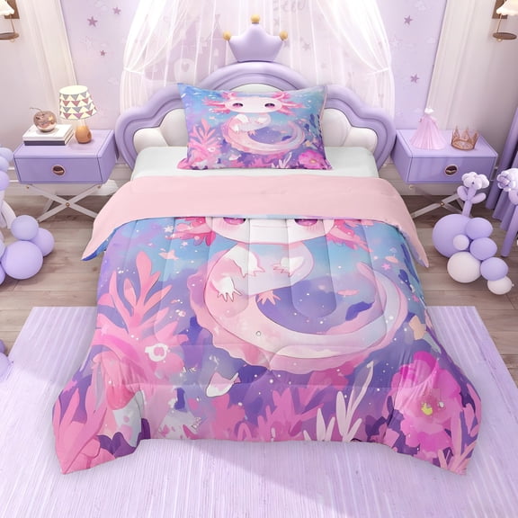 Erosebridal Cartoon Axolotl Twin Comforter Sets for Kids Girls, Dreamy Underwater World Bedding Set, Pink Reversible, 1 Comforter and 1 Pillowcase