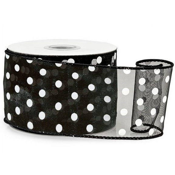 2.5" Wide Black with White Polka Dots Sheer Wired Ribbon - 25 Yards (52939)