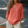 thumbnail image 2 of MVRLSH Womens Tops Shirts Blouse Casual 3/4 Sleeve V Neck Button Solid Plus Size Breathable Summer Top Loose Fit Linen Blouses Red - M, 2 of 7