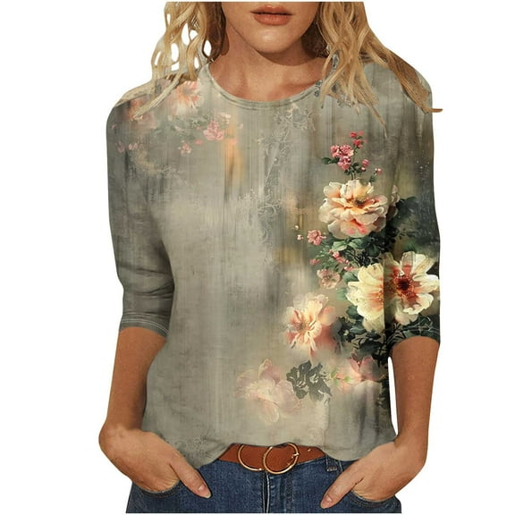 Summer Embroidery Floral Tee Shirts Round Neck 3/4 Sleeve Tops Regular Fit Slim Fitted Blouses Dressy Causal Tunic Tops Lounge Lightweight Ladies Tunics Blouse Going Out Outfits 2025